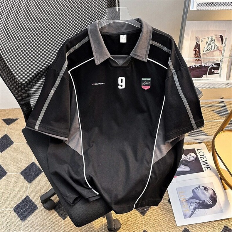 美式高街球衣运动翻领POLO衫男夏季宽松拼接撞色百搭短袖T恤上衣,男装Polo衫,星座601-1