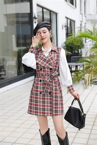现货秋装格子衬衣两件套图片