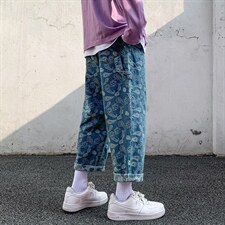 2021港风外景白墙宽松休闲直筒裤九分牛仔裤满印腰果花N8053-P55，男装牛仔裤，电商A001