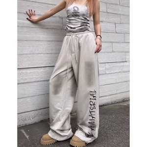 美式重磅运动阔腿卫裤脏脏裤印花休闲裤子垂感抽绳束脚拖地长裤,早春黑色穿搭图片