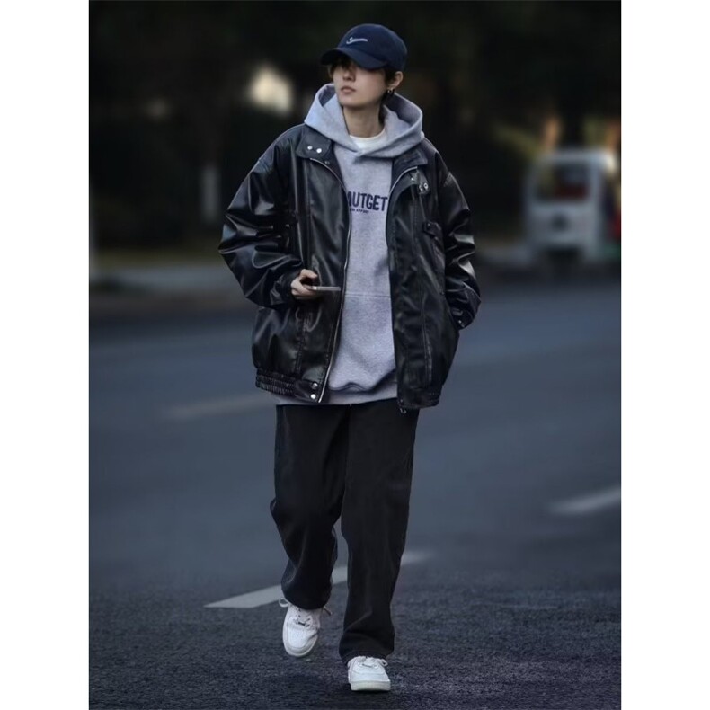 美式街头飞行员皮衣外套男宽松痞帅机车皮夹克WLG121-P65夹棉75,男装夹克,星座1008