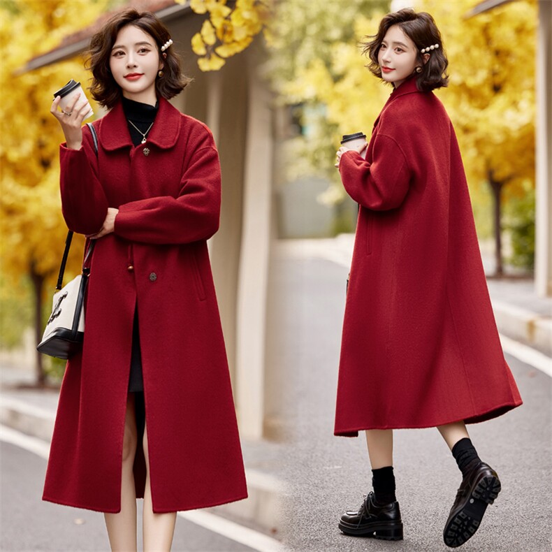 24新款秋冬中长款女时尚气质绒加厚潮流专柜双面羊毛大衣外套，女装双面呢大衣，小荷流