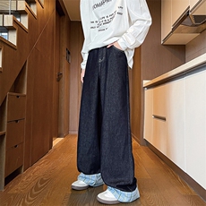 春季拼接卷边格子牛仔裤男设计感小众阔腿直筒拖地裤子KZ011P65，男装牛仔裤，电商B312