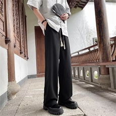 新中式风盘扣裤子男士夏季新款高级感垂感宽松直筒阔腿休闲长裤，男装休闲裤，星座716-2