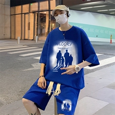 wassuphappy短袖t恤套装男夏季美式ins潮牌宽松大码休闲一套搭配，男装休闲套装，电商B367