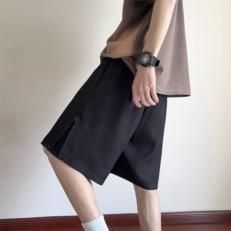 纯黑色休闲短裤男士夏季潮牌侧拉链裤子痞帅高级感潮牌潮流五分裤,男装休闲裤,星座506A