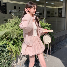 粉色立领防晒外套A字短裙套装女2025年夏季设计感清爽简约两件套，女装套装/套裙，2C085