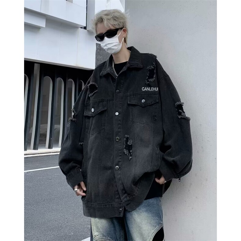 炸街破洞牛仔夹克男春秋季复古宽松上衣做旧痞帅工装外套J1172,男装夹克,星座1116A-1（原606A）