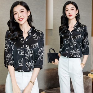 高级感印花真丝衬衫女桑蚕丝2025夏新款衬衣短袖大码气质妈妈上衣图片