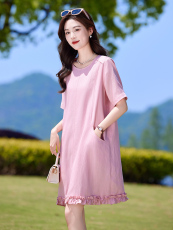 2025夏季新款女装时尚百搭圆领宽松显瘦设计感气质短袖法式连衣裙，女装连衣裙，靓衣阁