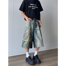 美式复古大码链条印花牛仔裤子美2025朋克辣妹hiphop嘻哈拖地裤，男装牛仔裤，星座601-1
