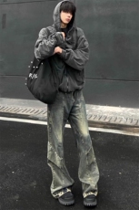 美式复古黄泥色牛仔裤潮牌不规则裤子直筒微喇裤NZ12特P58，男装牛仔裤，星座908-1