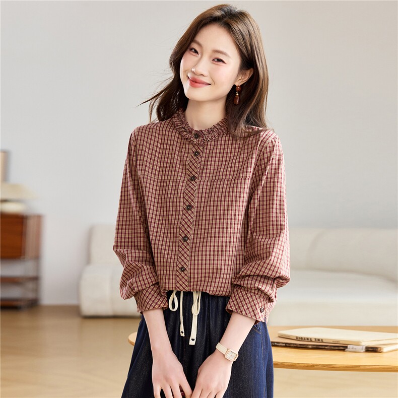 纯棉格子开春衬衫女款2026新款木耳立领休闲减龄上衣，女装衬衫，忆绮罗