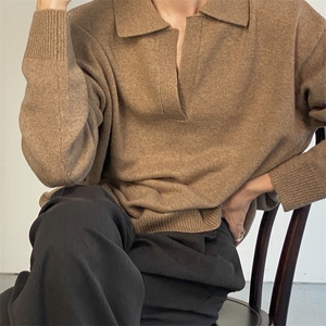 韩系设计感极简风POLO领毛衣潮男慵懒风V领针织毛衣秋冬网图图片