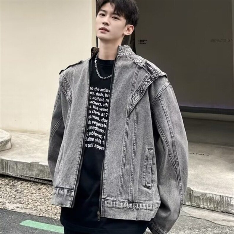 美式水洗解构牛仔外套男春季vibe潮牌宽松休闲百搭做旧立领夹克图片