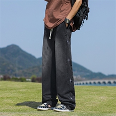 高街复古牛仔裤男款潮牌宽松直筒休闲阔腿长裤子N170-P48，男装牛仔裤，星座308B-1