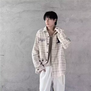 潮高街刺绣小香风格子ins长袖衬衫男女街头痞帅外套潮JK12/P52图片