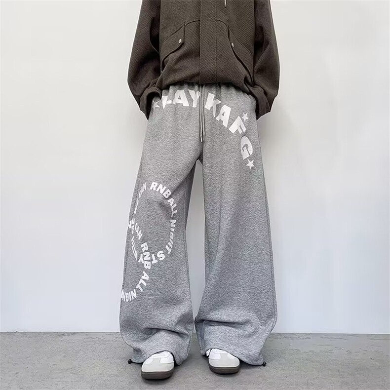 港风抽绳运动印花裤男秋冬新款宽松大码直筒裤子潮流大码休闲长裤,男装休闲裤,星座506A