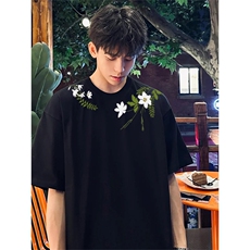 抖音得物供货210克现货宽松纯棉美式潮牌印花落肩袖纯棉T恤AT2130，男装T恤，电商A443
