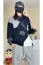 秋季新款拼接圆领毛衣男女宽松休闲百搭高级感上衣ZB7011-特价47，男装针织衫/毛衣，电商A007