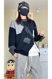 秋季新款拼接圆领毛衣男女宽松休闲百搭高级感上衣ZB7011-特价47图片