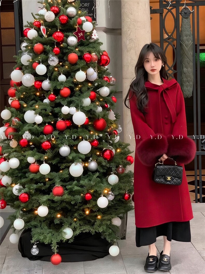 【依嘟】高级感红色狐狸毛蝴蝶结2025秋冬女羊毛外套(配可拆，女装双面呢大衣，依嘟服饰