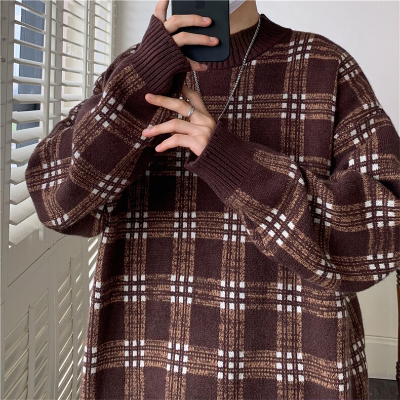 现货现货宽松圆领毛衣男秋冬格子百搭针织衫D329-QM801-P78控98,男装针织衫/毛衣,电商D329