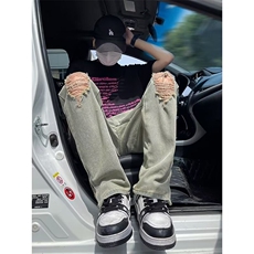 破洞开叉牛仔裤美式做旧涂鸦高街乞丐个性街头男女直筒裤~K1089，男装牛仔裤，星座601-2