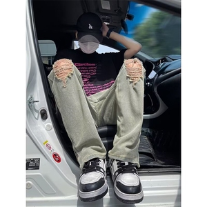 破洞开叉牛仔裤美式做旧涂鸦高街乞丐个性街头男女直筒裤~K1089图片