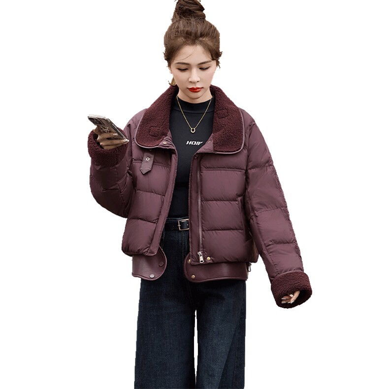 时尚潮流女装PU皮拼接仿羊羔毛翻领白鸭绒羽绒服显瘦保暖外套,女装羽绒服,采品优优