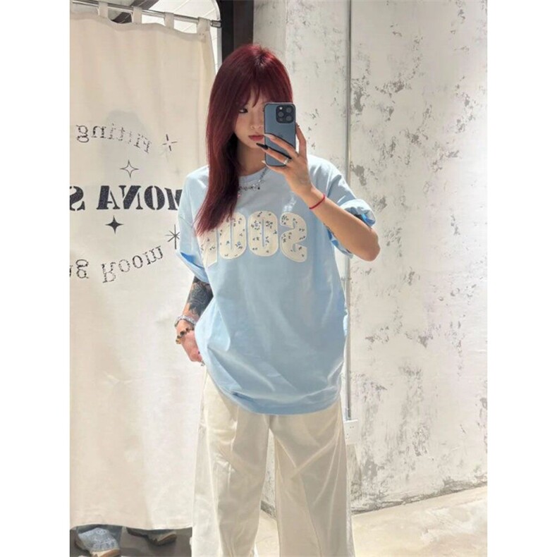 H0681-P35贴布刺绣美式高街宽松小众短袖t恤上衣女,女装T恤,星座617A-2