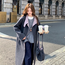 深灰色韩系茧型羊绒双面呢子大衣女冬季新款长款过膝气质毛呢外套，女装毛呢外套，2C120