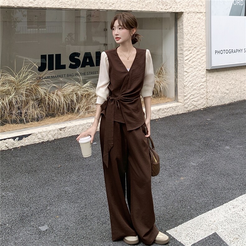 高级通勤风穿搭咖色马甲套装女2025春秋超火好看阔腿裤气质两件套,女装套装/套裙,维壹