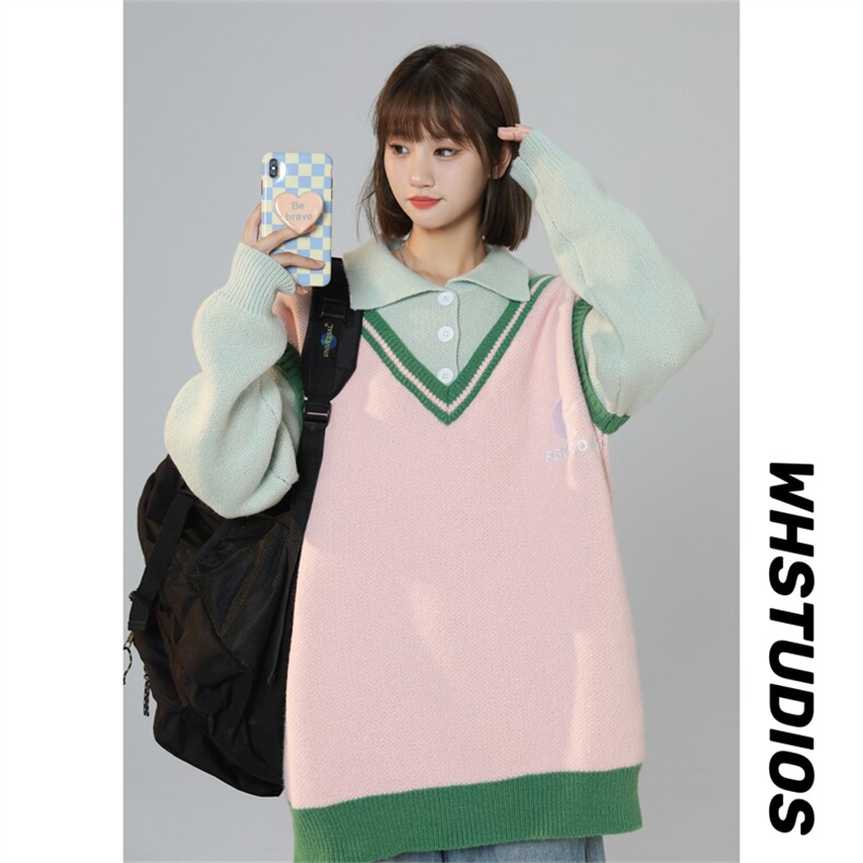 M8166/P75冬季男女BF复古毛衣背心V领垂感背心坎肩情侣装多色毛衣,男装背心/马甲,电商A141