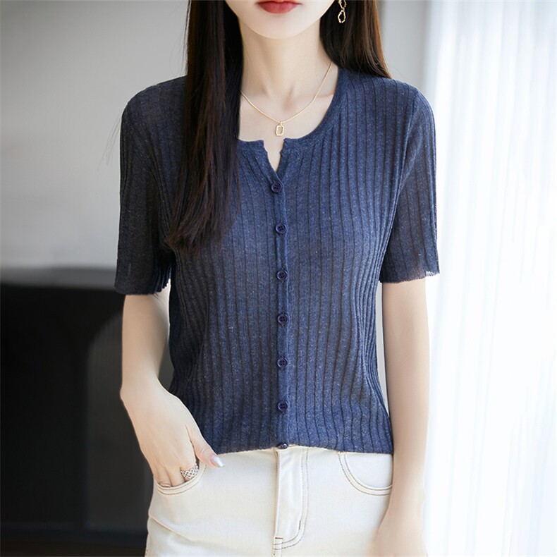 针织开衫女2025新款薄款短袖夏季圆领防晒开衫薄纱夏天空调衫外搭,女装T恤,暖烁特种纱工厂店