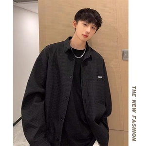 384-P36 2025休闲情侣衬衫男青年秋季新款港风潮宽松提花长袖图片