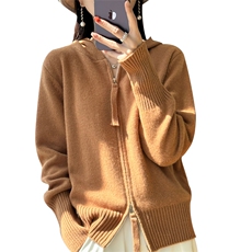 长袖纯色羊毛2024年秋季连帽拉链简约羊毛针织衫，女装羊毛衫，冀清阳荣