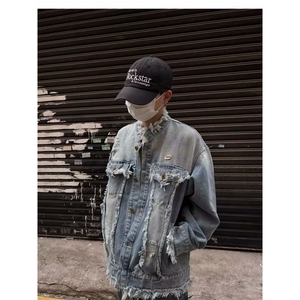 美式重工水洗做旧流苏毛边牛仔夹克男女复古潮牌休闲情侣外套上衣图片