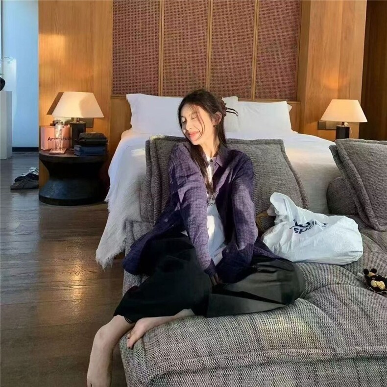 2025格子宽松蓝色纯棉衬衫衬衣薄款外套慵懒百搭上衣休闲复古长袖,男装衬衫,星座1210-1
