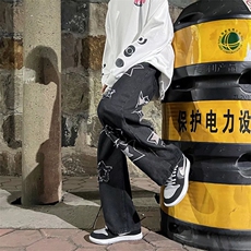 潮牌牛仔裤男宽松痞帅五角星ins韩版直筒裤休闲阔腿长裤N123-p45，男装牛仔裤，星座1008-1