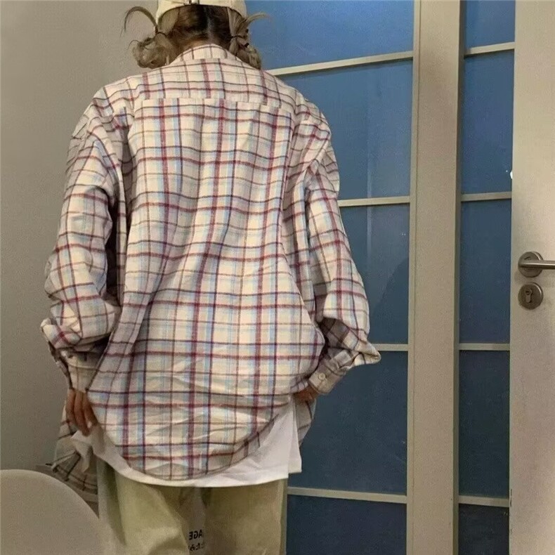 C120-P36水洗复古格子口袋长袖衬衫男女ins高街宽松小众,男装衬衫,电商B323A