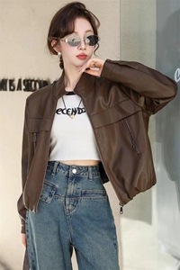 2024春秋款仿绵羊皮中古机车皮夹克立领仿真皮皮衣宽松短款外套女图片