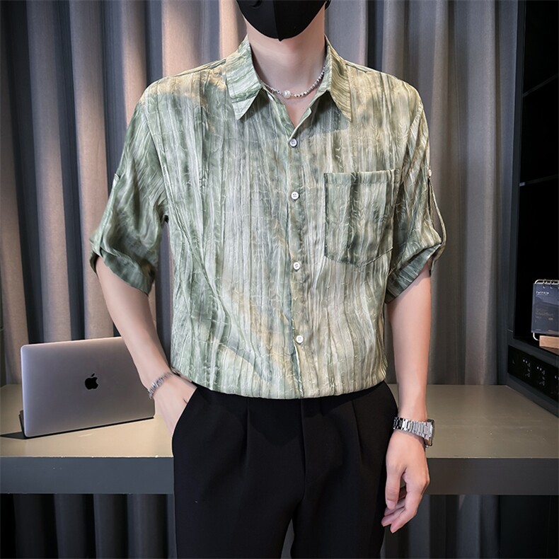 小伙夏季男士七分袖扎染衬衫男休闲宽松衬衣A236-0853-P55,男装衬衫,电商A236