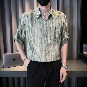 小伙夏季男士七分袖扎染衬衫男休闲宽松衬衣A236-0853-P55图片