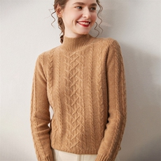 2025年秋季常规款常规长袖套头半高领夹护舒适时尚百搭绞花，女装针织衫/毛衣，宛咚羊绒