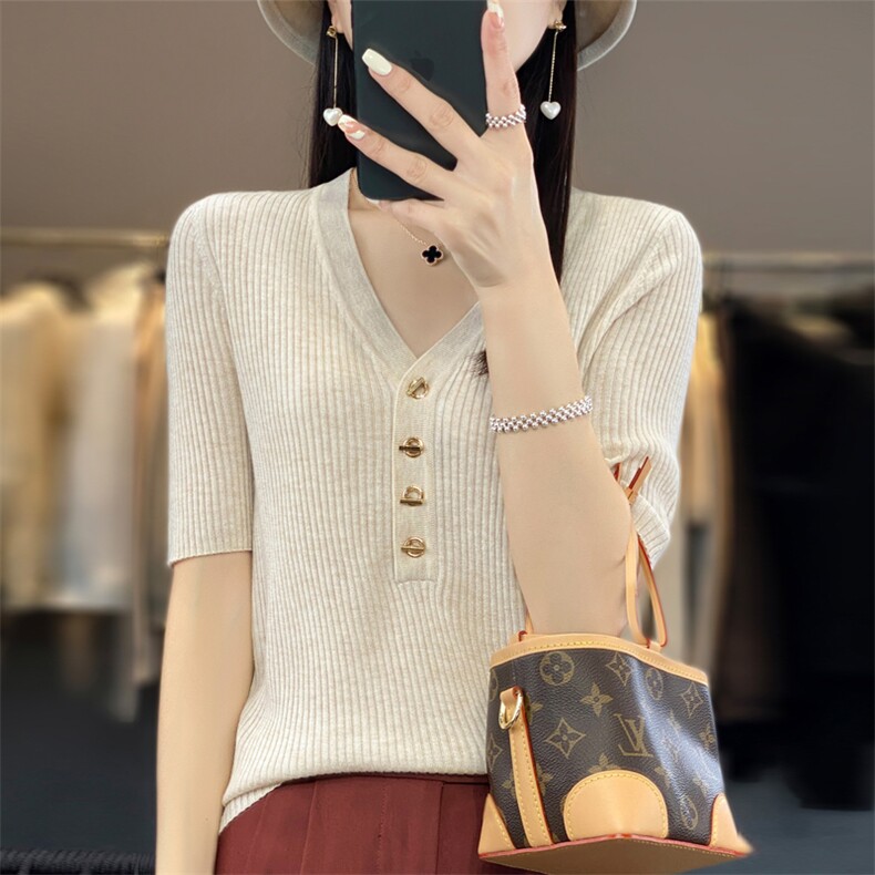 短袖打底衫小香风内搭T恤衫春夏薄款冰丝T恤上衣V领针织上衣短款，女装针织衫/毛衣，大美人包芯纱店