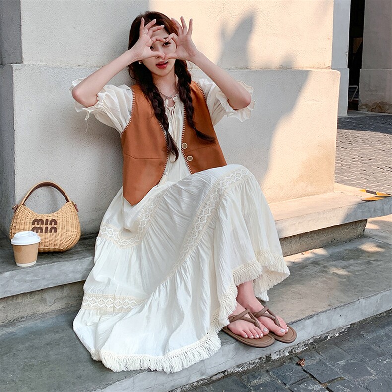 法式马甲流苏连衣裙两件套女2025夏季新款温柔风绝美别致长裙套装，女装连衣裙，浙宝305