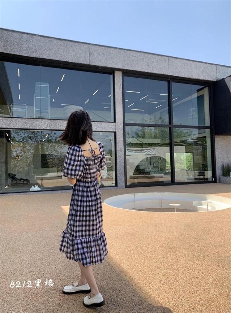 现货，夏季格纹方领泡泡袖连衣裙,女装连衣裙,ZYDZ在依店主