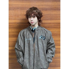 美式复古棒球服男士春秋重磅刺绣宽松飞行PU皮夹克外套WLQ66-P70，男装夹克，星座1008