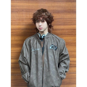 美式复古棒球服男士春秋重磅刺绣宽松飞行PU皮夹克外套WLQ66-P70图片